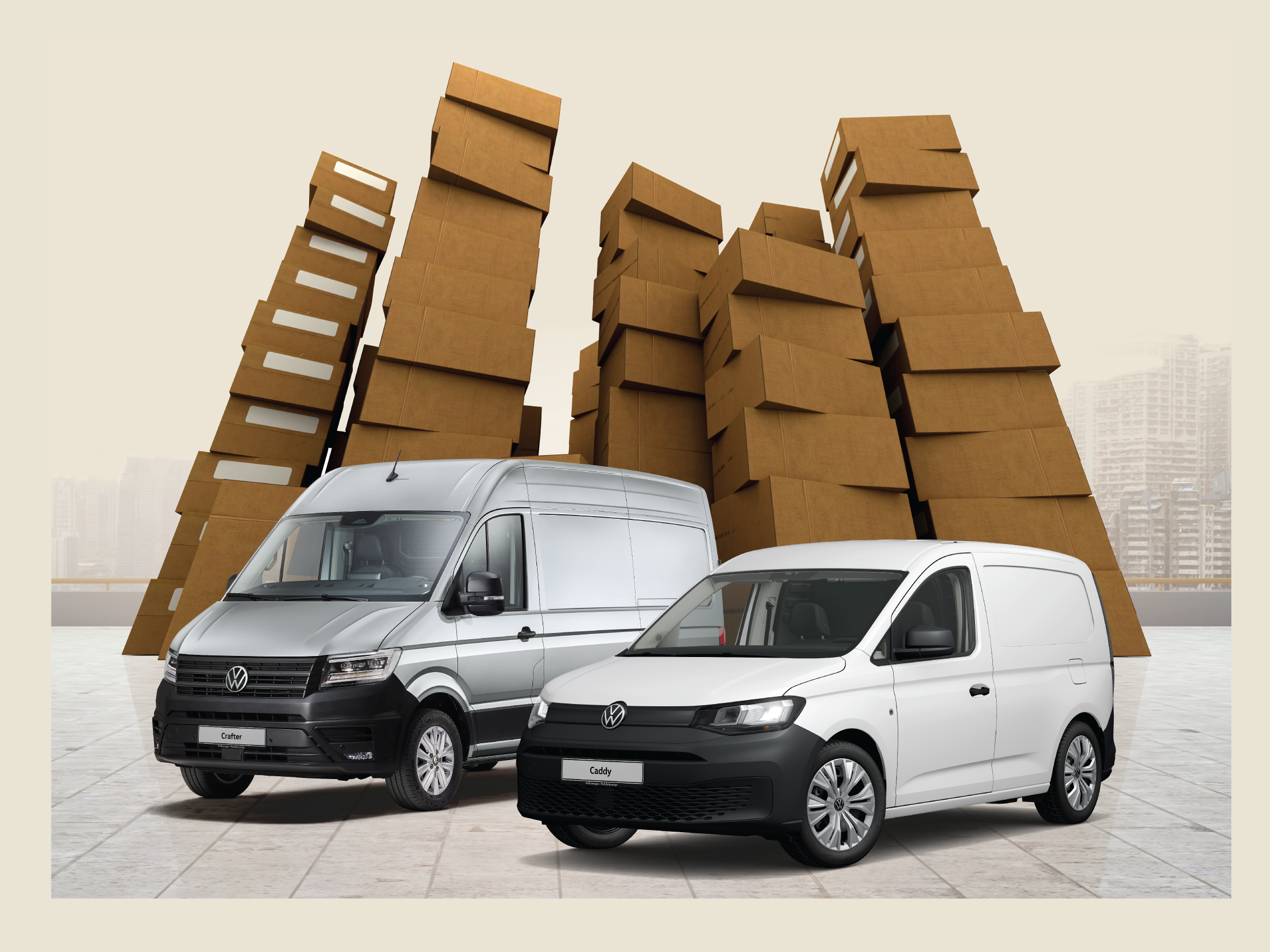 Oglas za Volkswagen privredna vozila sa prikazom dva vozila, jednog bijelog Caddy i jednog sivog Crafter, ispred pozadine sa kutijama. Tekst nudi bonuse za Crafter i Caddy modele. Slogan: "Bez njih ništa. Za one koji pokreću svijet i ne traže aplauz."