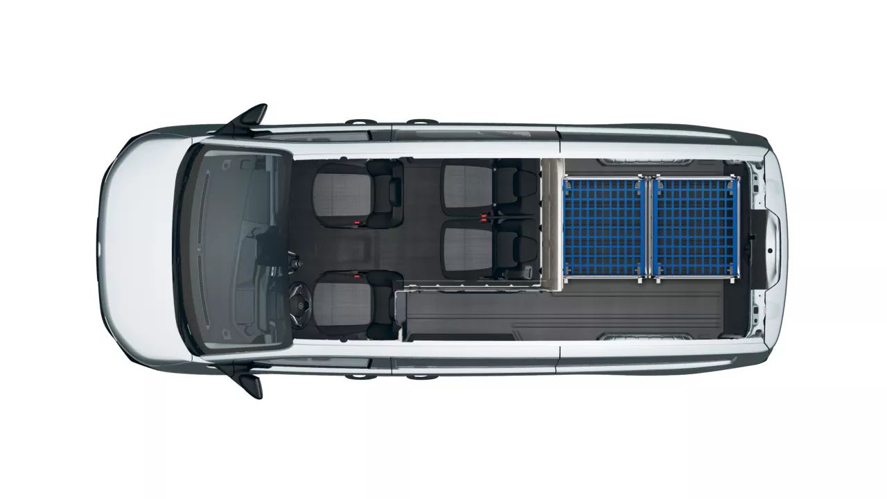 VW Transporter Kombi mit 4 Sitzen, LR, L-Trennwand und Platz für zwei Rollcontainer